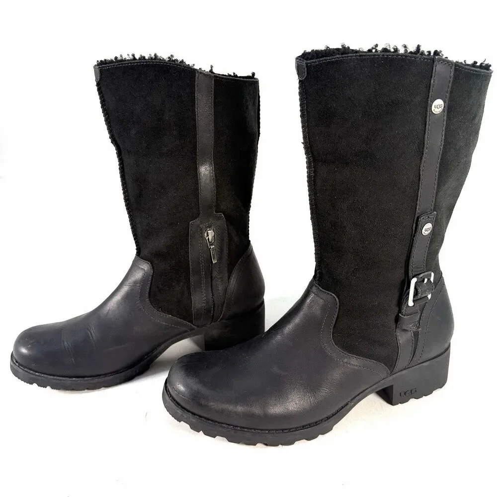 UGG Australia Bellevue Shearling Fold Over Moto Black Leather Boots Sz 10 U.S.